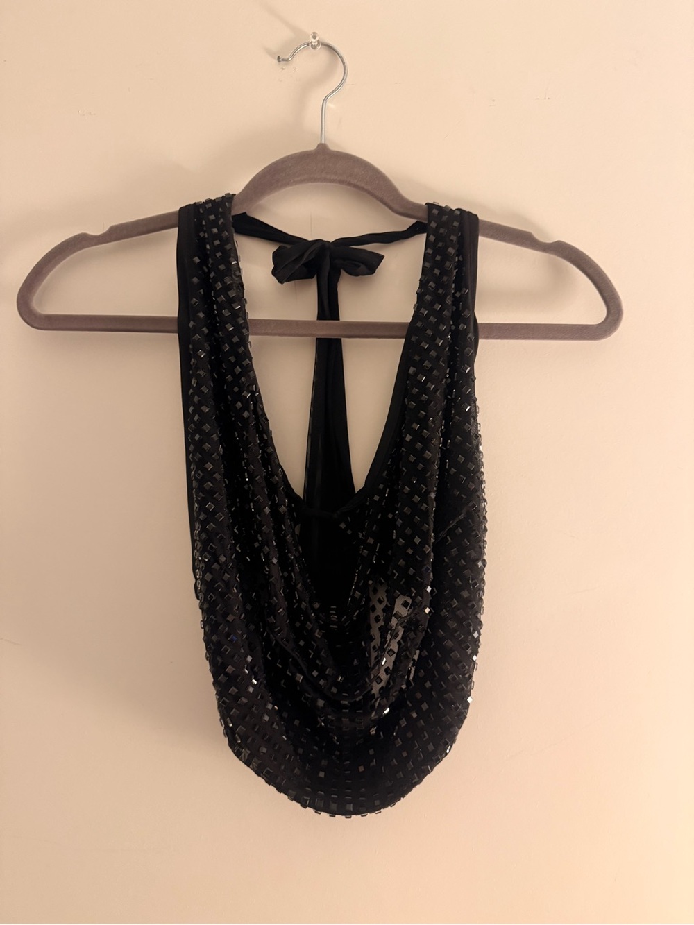 Windsor Black Sequin Halter Crop Top - Women's Sparkle Cowl Neck - Picture 2 of 5